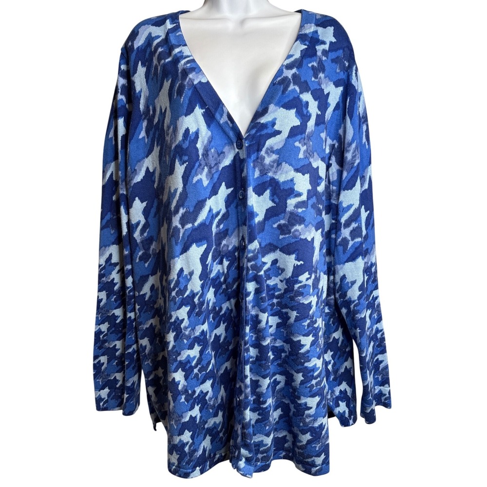 Isaac‎ Mizrahi LIVE! Women's Blue Camo Button Front Cardigan Sweater Size 2X